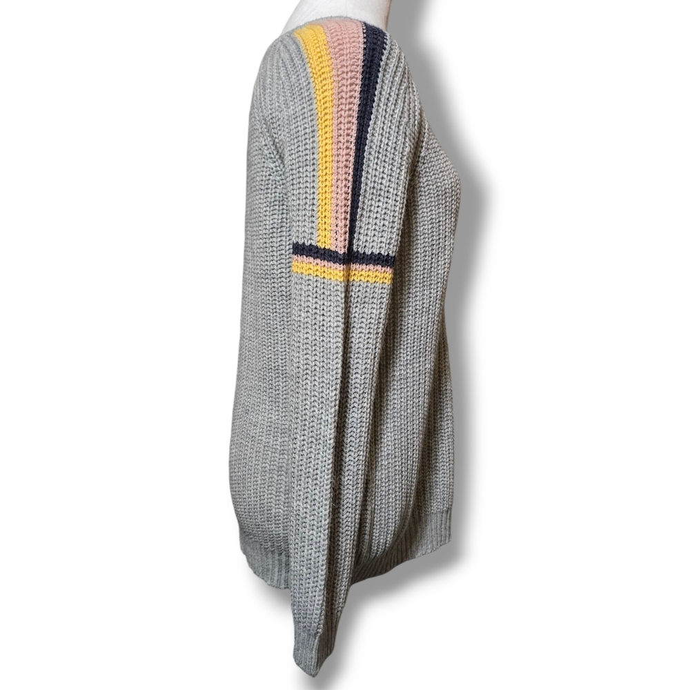 Pink Rose Lightweight Gray Sweater w/ Yellow Pink & Navy Stripes Size Medium - Picture 2 of 5
